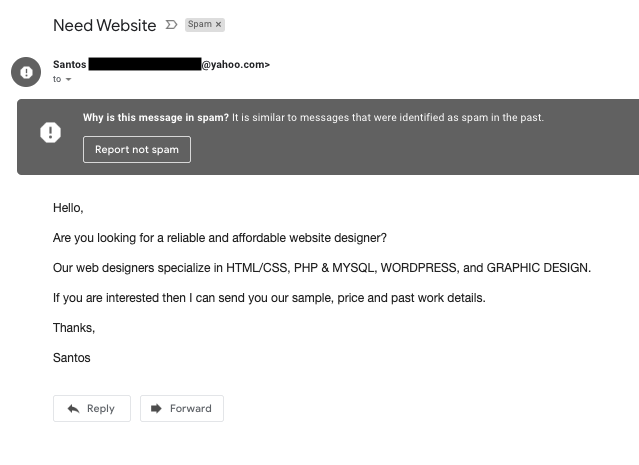 Example of a website spam email
