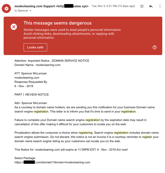 Example of a registration scam email